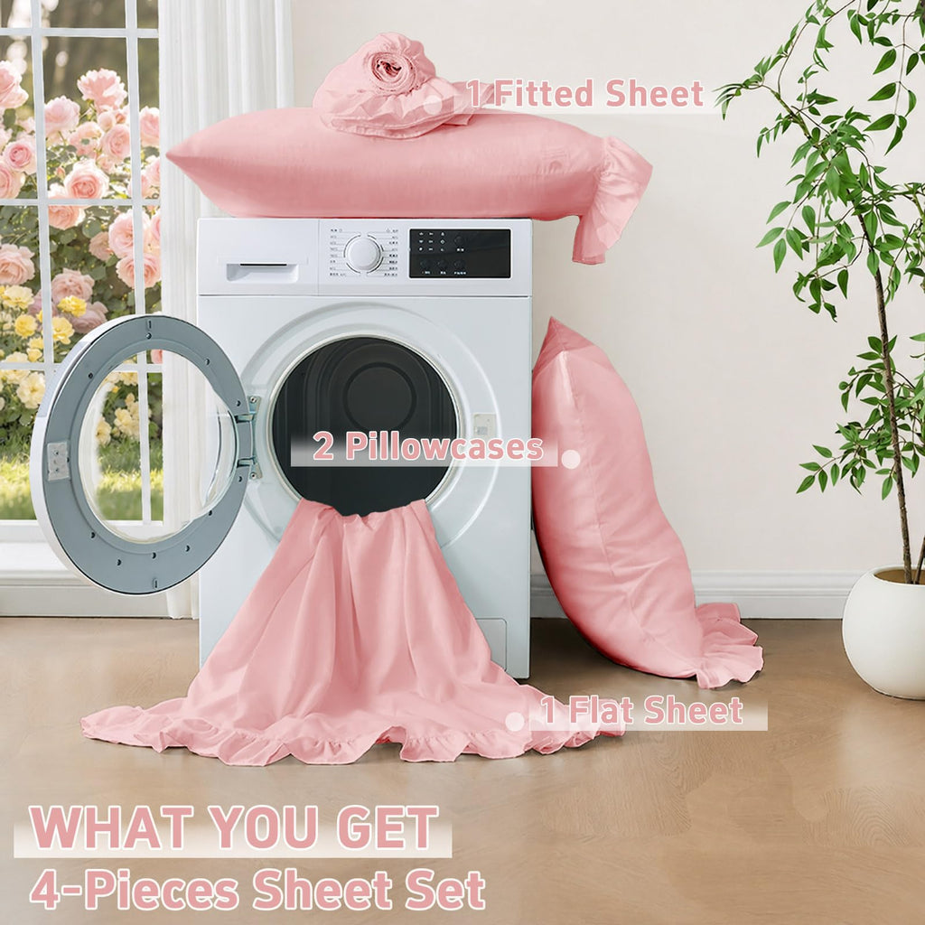Sheet Set 4 Pieces - Pink Sheets with 4-Inch Ruffles Bed Skirt
