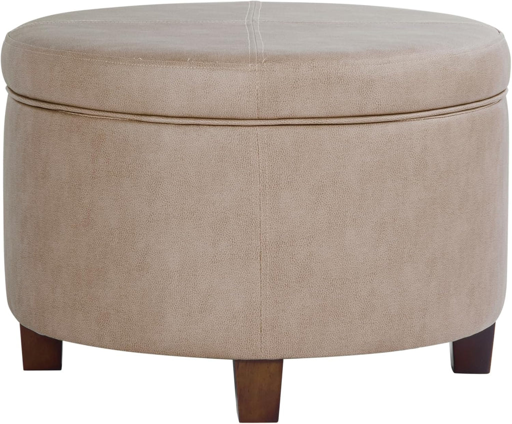 Home Decor | Upholstered Faux Leather Round Storage Ottoman | Ottoman with Storage , Taupe Brown