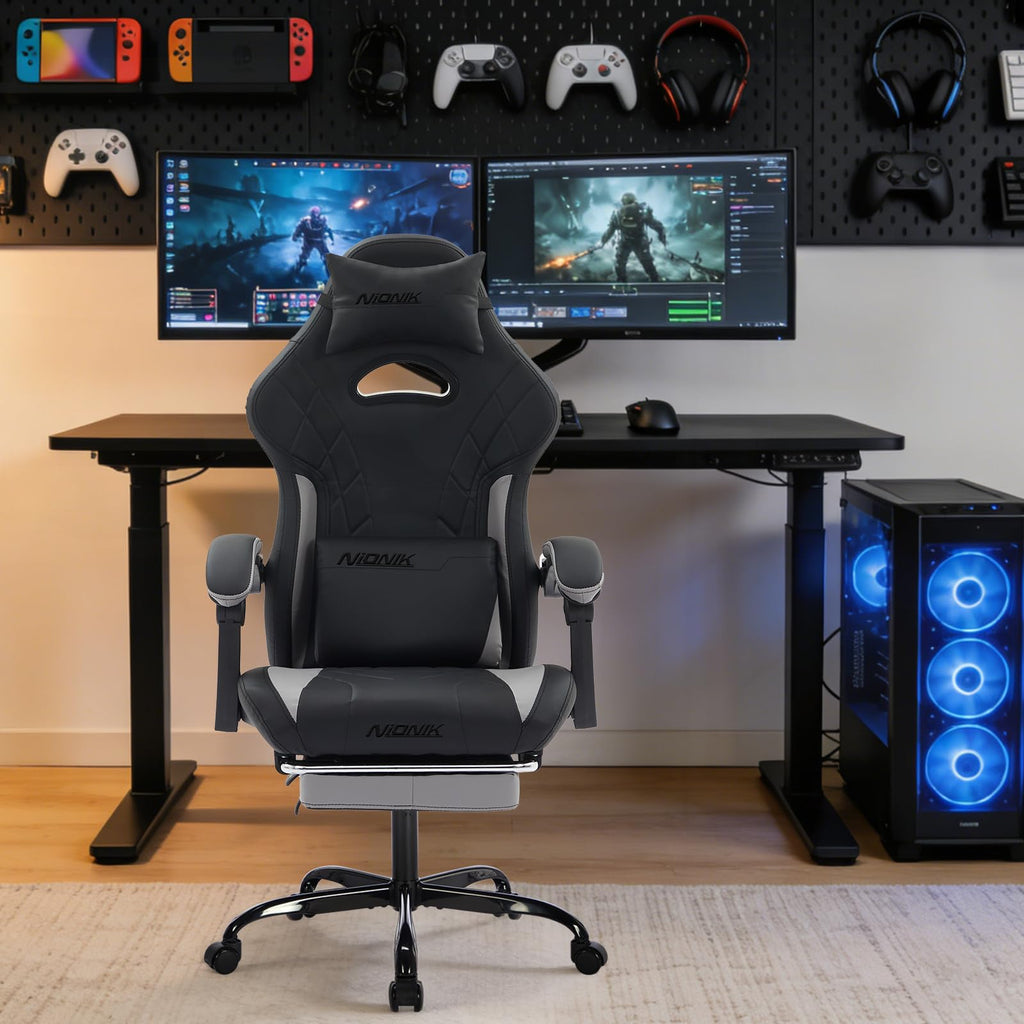 Gaming Chair with Footrest and Massage Lumbar Support, Ergonomic Computer Gamer Chair, Office Video Game Chairs with