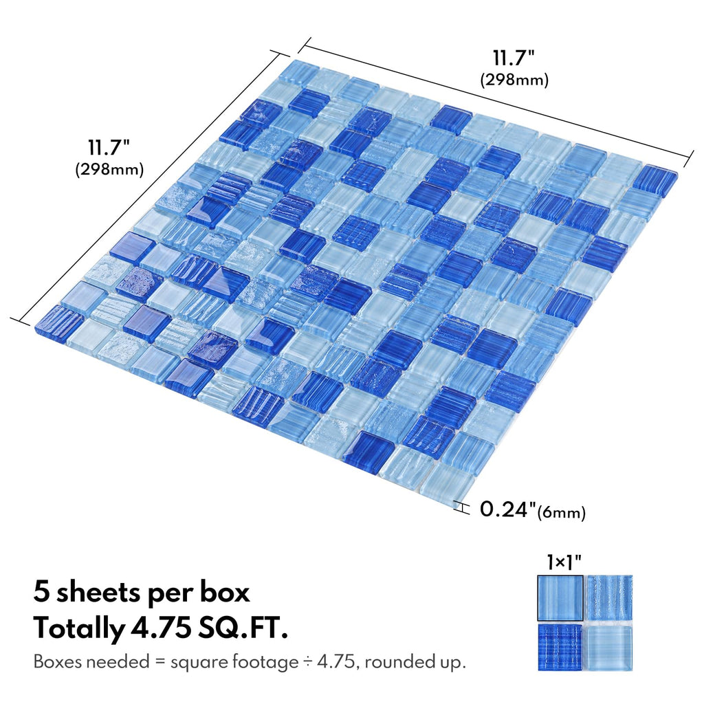 Mixed Blue Glass Mosaic Tiles, Pool Tiles, 12x12 Inch Glass Tile Backsplash, Bathroom Shower Wall and Swimming Pool