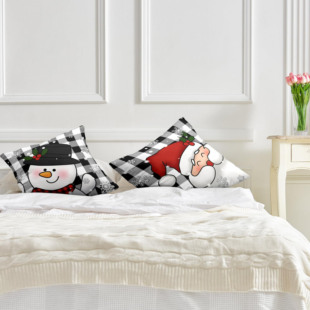 Plaid Christmas Decorations Black and White Pillow Covers 24x24 Set of 2 Santa Snowman Cushion Covers Winter