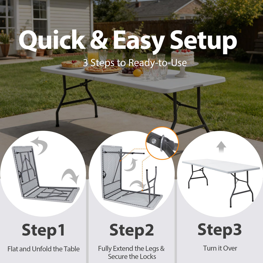 Indoor Outdoor 8ft Heavy Duty Folding Table - Portable Plastic Top w/Steel Legs & Handle for Camping, Picnics
