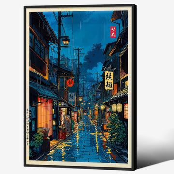 Black Framed Japanese Wall Art 16x24in Vintage Tokyo Tea House Poster Modern Japan Ukiyo-e City Street Cafe Scene