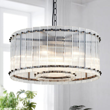Modern Glass Chandelier Light Fixture, Doule Layer Drum Pendant Modern Chandelier Lighting with 7-Light, Black Finish A119-B0DJP4JWCL