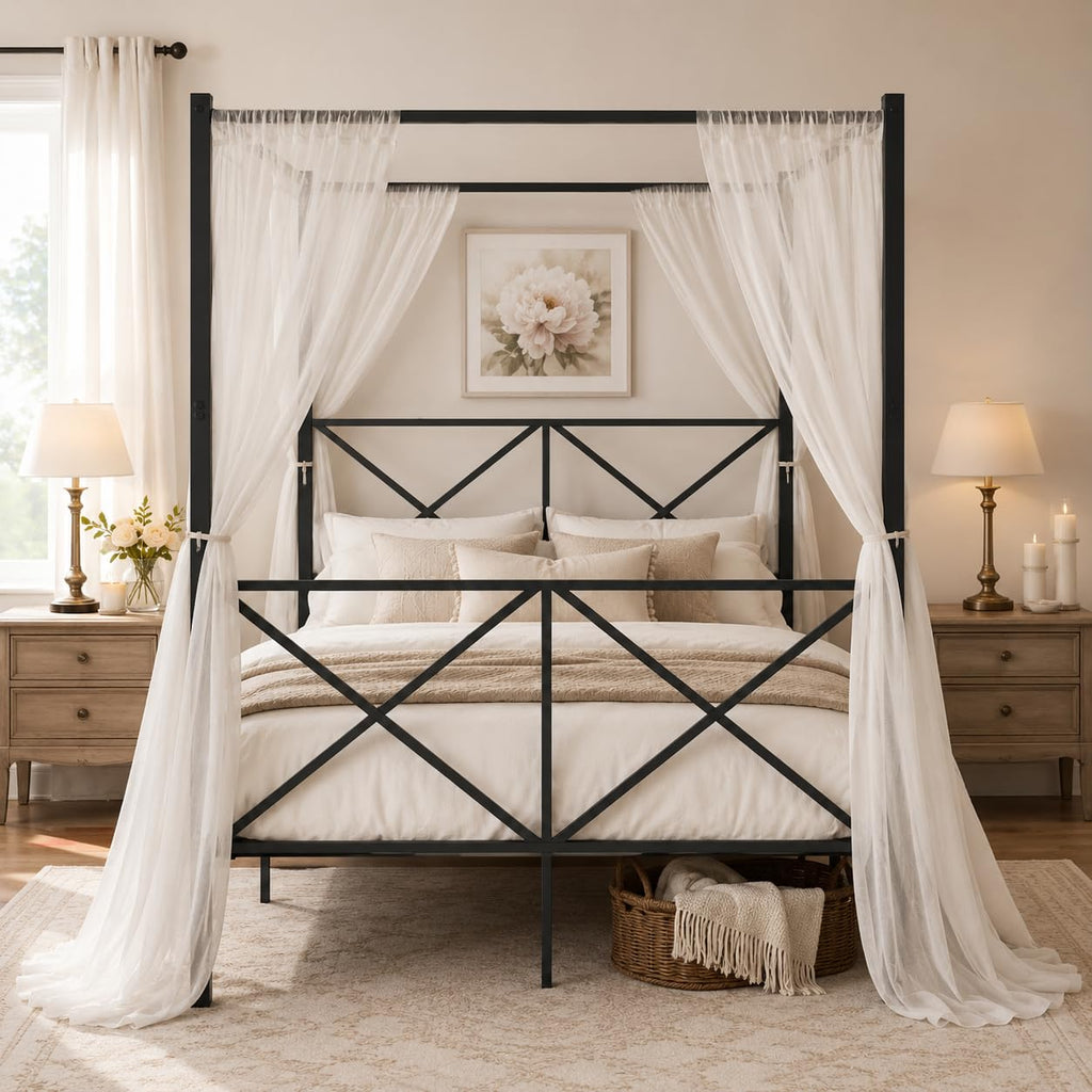 Canopy Bed Frame with Headboard & Footboard, Black Vintage Metal Canopy Platform Bed 14 Inch Platform, No