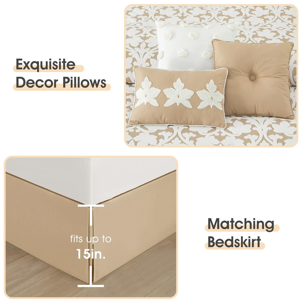 7 Pieces Comforter Set, Khaki, Jacquard Floral Pattern and Classy Damask Medallion Design, Ultra Soft, Includes