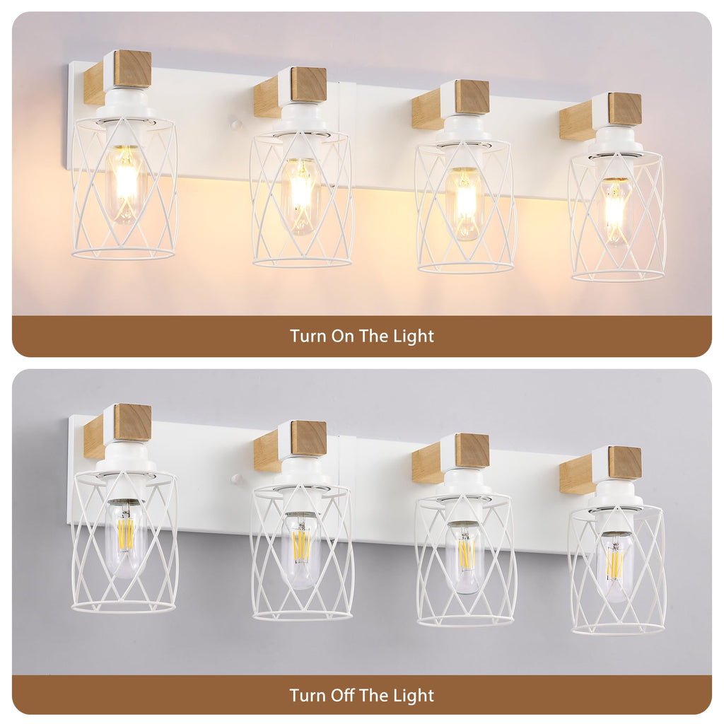 Farmhouse 4-Light Wood Bathroom Vanity Light, White Metal Cage Shade