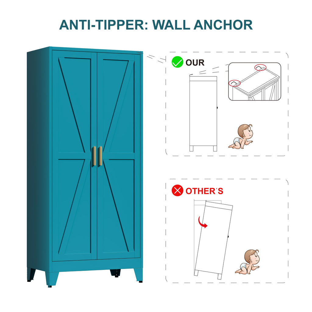 71" Tall Metal Wardrobe Closet with Adjustable Shelves and Hanging Rod, 2 Doors Free Standing Armoire Wardrobe