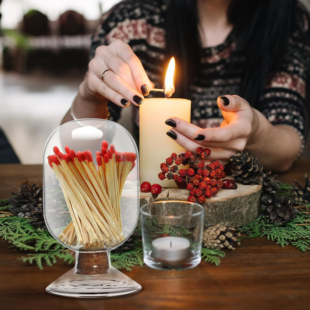 Glass Match Holder Jar with Striker, Decorative Glass Container for Matches Fireplace and Home Display (Simple)