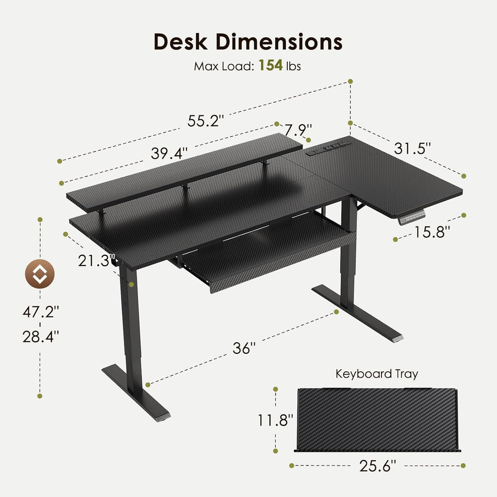 55" Reversible L Shaped Electric Standing Desk, Carbon Fiber Black | Monitor Stand, Keyboard Tray, Power Outlets, 3