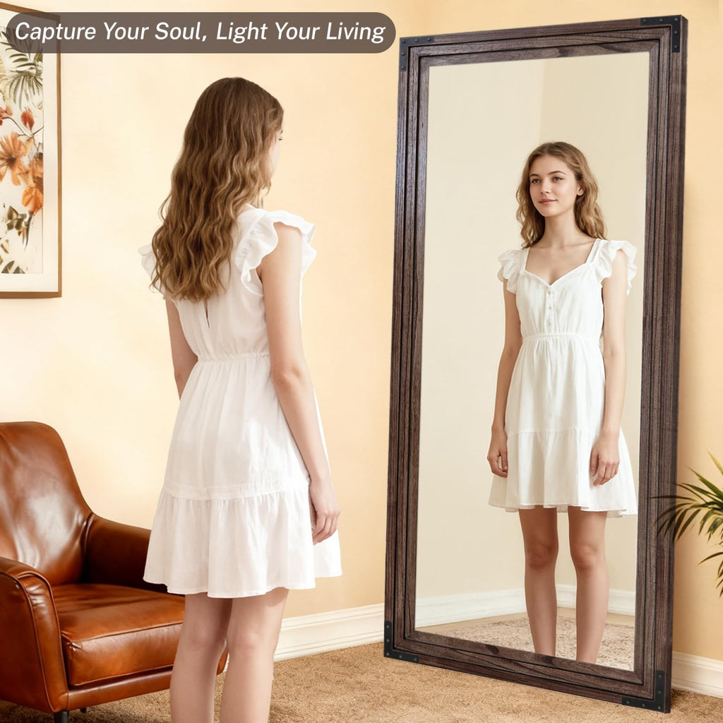 Full Length Mirror 76"x34", Solid Wood Frame Standing Mirror, Brown