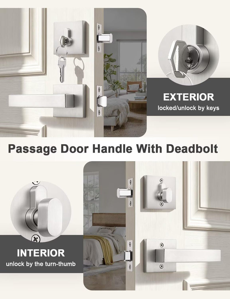 3 Pack Brushed Nickel Passage Door Lever with Single Cylinder Deadbolt, Exterior Square Door Handle with Deadbolt