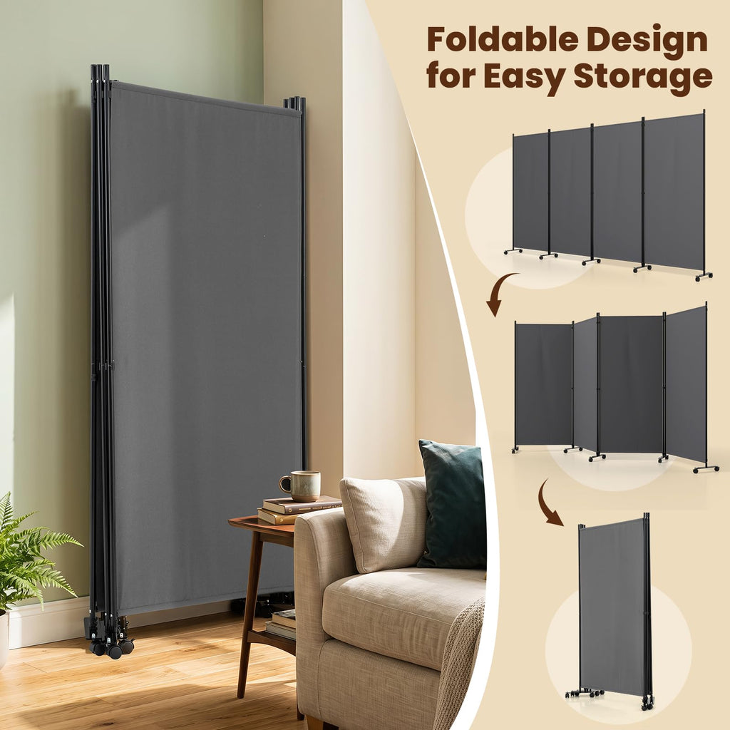 4-Panel Folding Room Divider with Wheels, 137'' x 71'', Gray