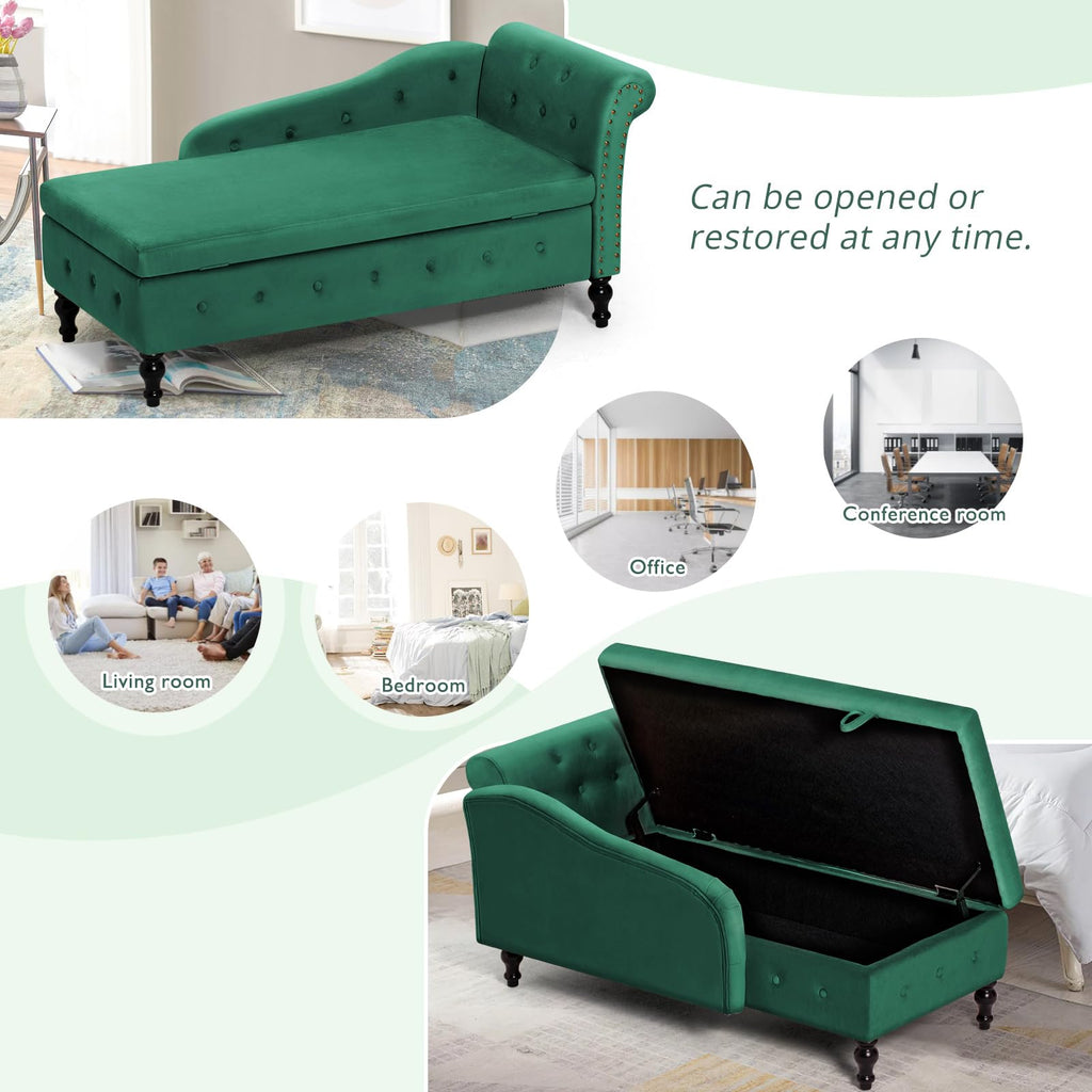 Velvet Chaise Lounge w/Right Armrest & Storage Space, Green