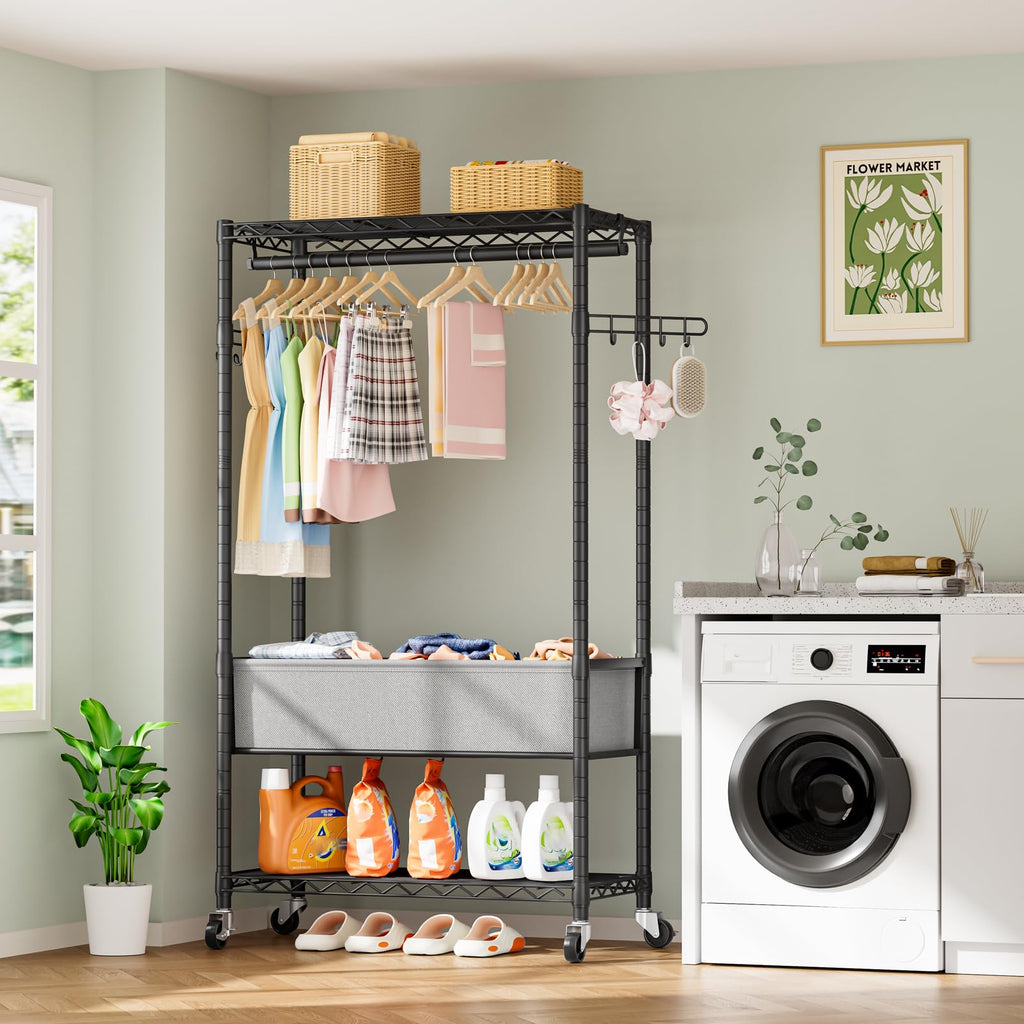 Heavy Duty Rolling Clothes Rack Wheels Portable Metal Garment Rack