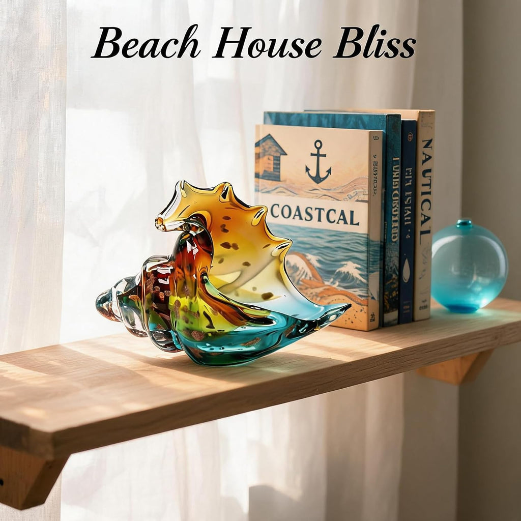 Sea Glass Art Hand Blown Conch Shell Sculpture, Murano Style Coastal Decor, Seashell Decor for Beach House, Above - Set of 50