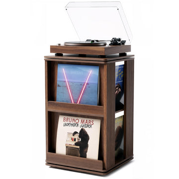 Swivel Record Player Stand with Storage Cabinet & Cover Holder