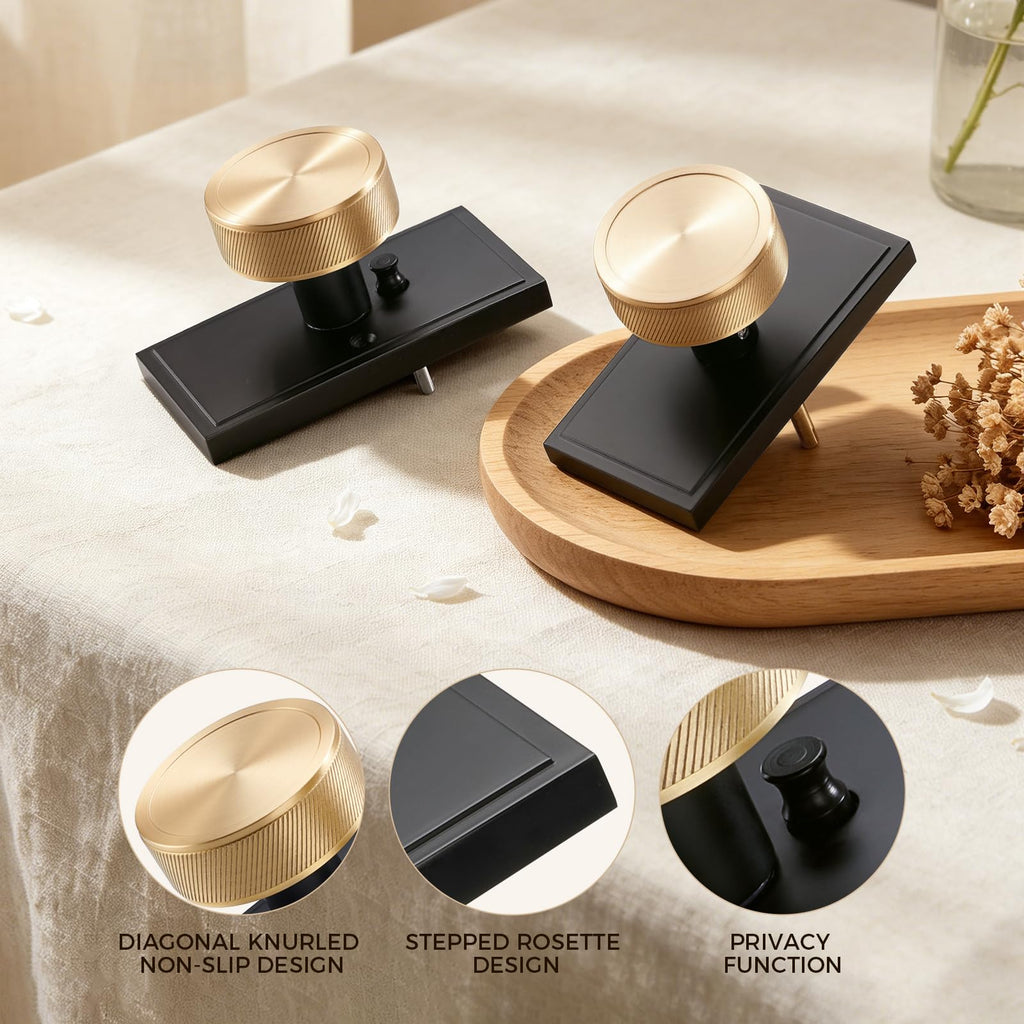 Knurled Matte Black & Brass Square Rosette Privacy Door Knob