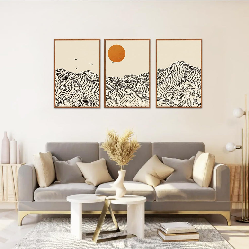 Abstract Wave Line Mountain Framed Canvas Wall Art, Boho Sun Wall Decor, Minimalist Beige Artwork -24"x36"x3