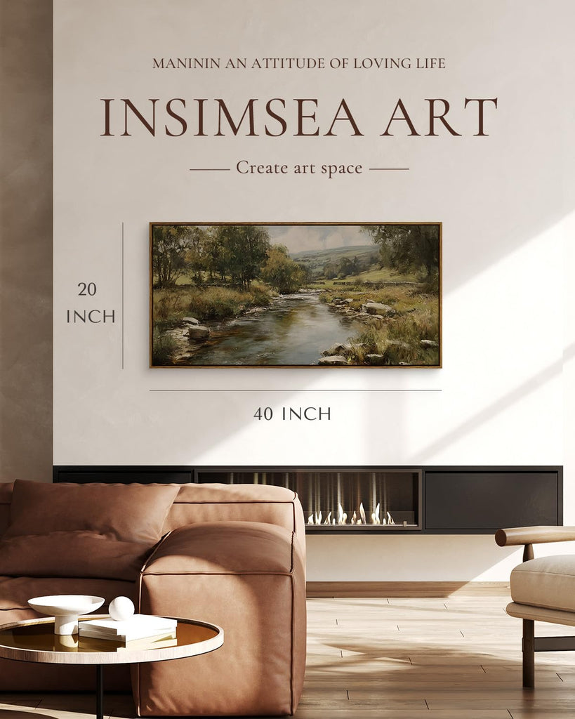Extra Large Framed Vintage Wall Art, River Rolling Hills, 20x40inch