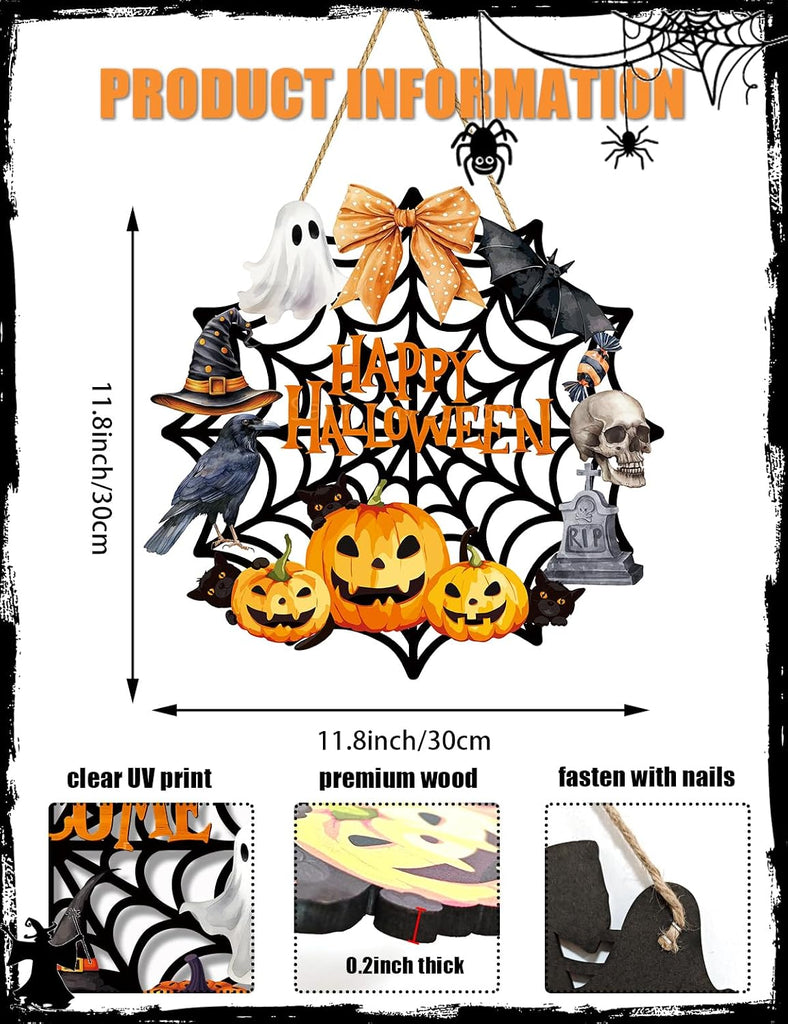 Halloween Wreaths for Front Door Welcome Sign Happy Halloween Wall Decorations Wooden Spider Web Ghost Black Cat