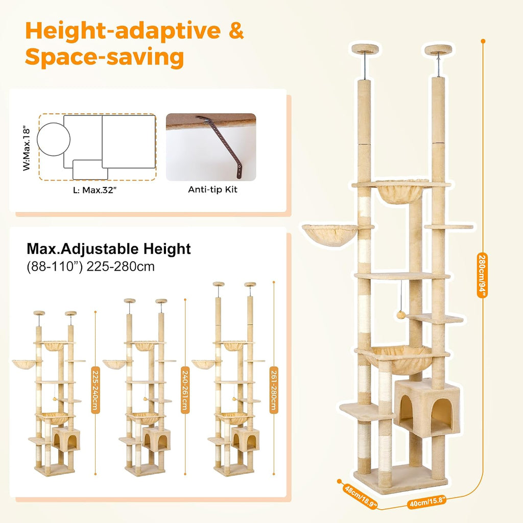 Floor to Ceiling Cat Tree Dual Posts, Adjustable Height 88.9-109"
