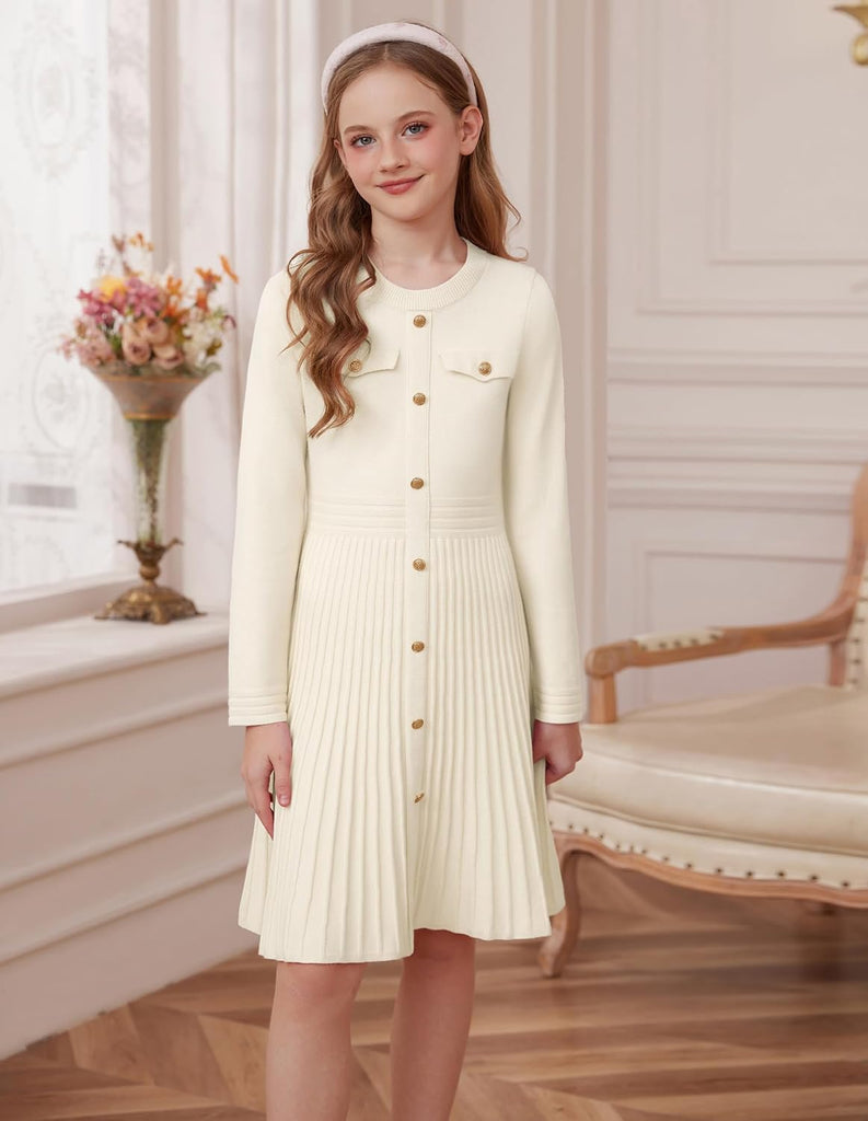 Girls Sweater Fall Dress Long Sleeve Knit Button Front Pleated A-Line Casual Winter Midi Dresses