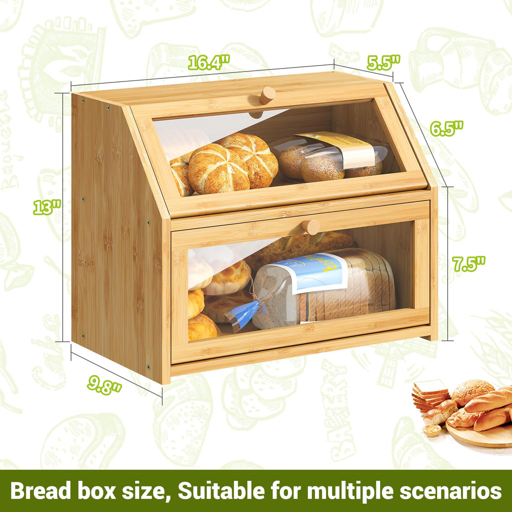Bread Box - Farmhouse Countertop Double Layer Bamboo Wooden Extra Large Capacity B Food Storage Container(Natural)