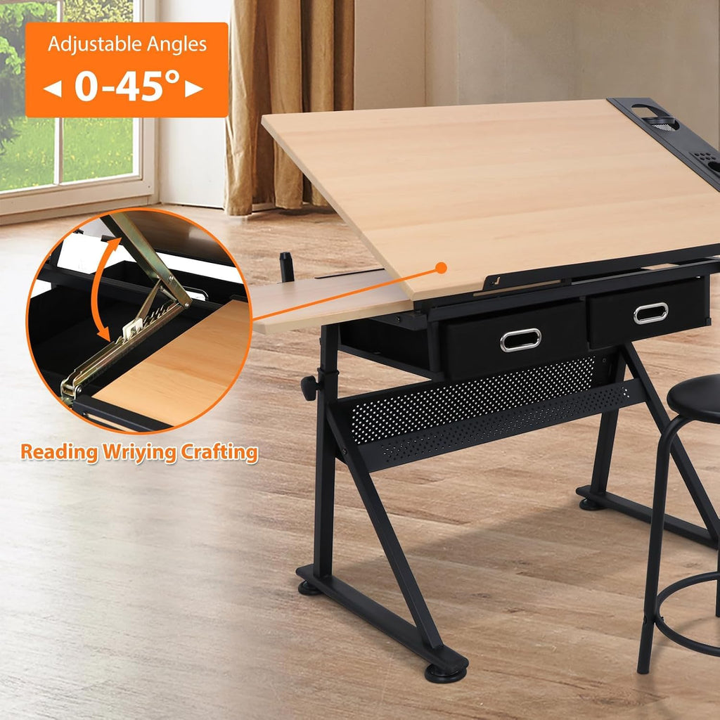 Drafting Table Drawing Desk Art&Craft Work Station Height Adjustable Tilting Tabletop Craft Table Desk w/Stool and 2