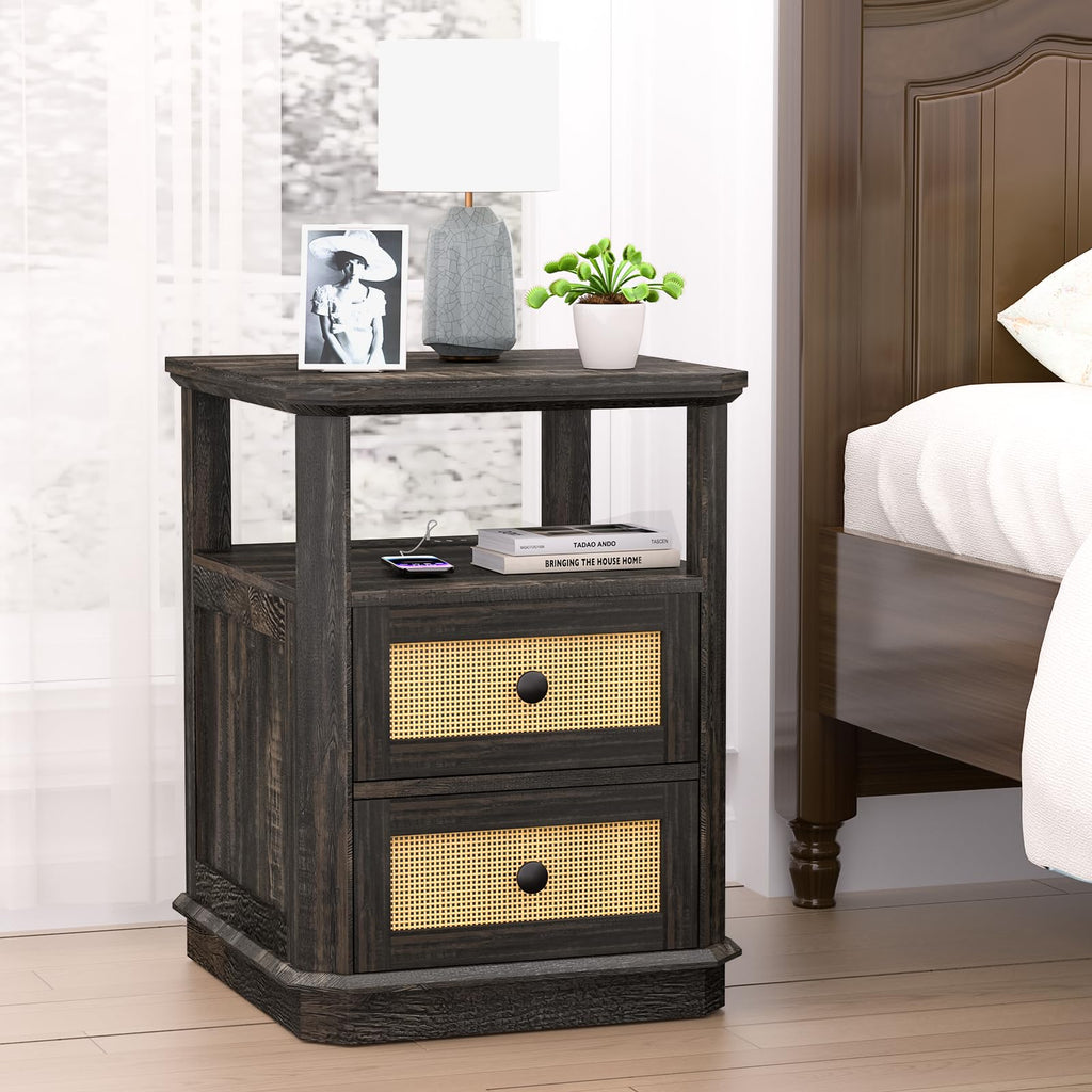 Set of 2 with Charging Station, 24" Tall Sofa Side Table with Rattan Drawer, Anti-Collision Angle Wooden Night Stand .
