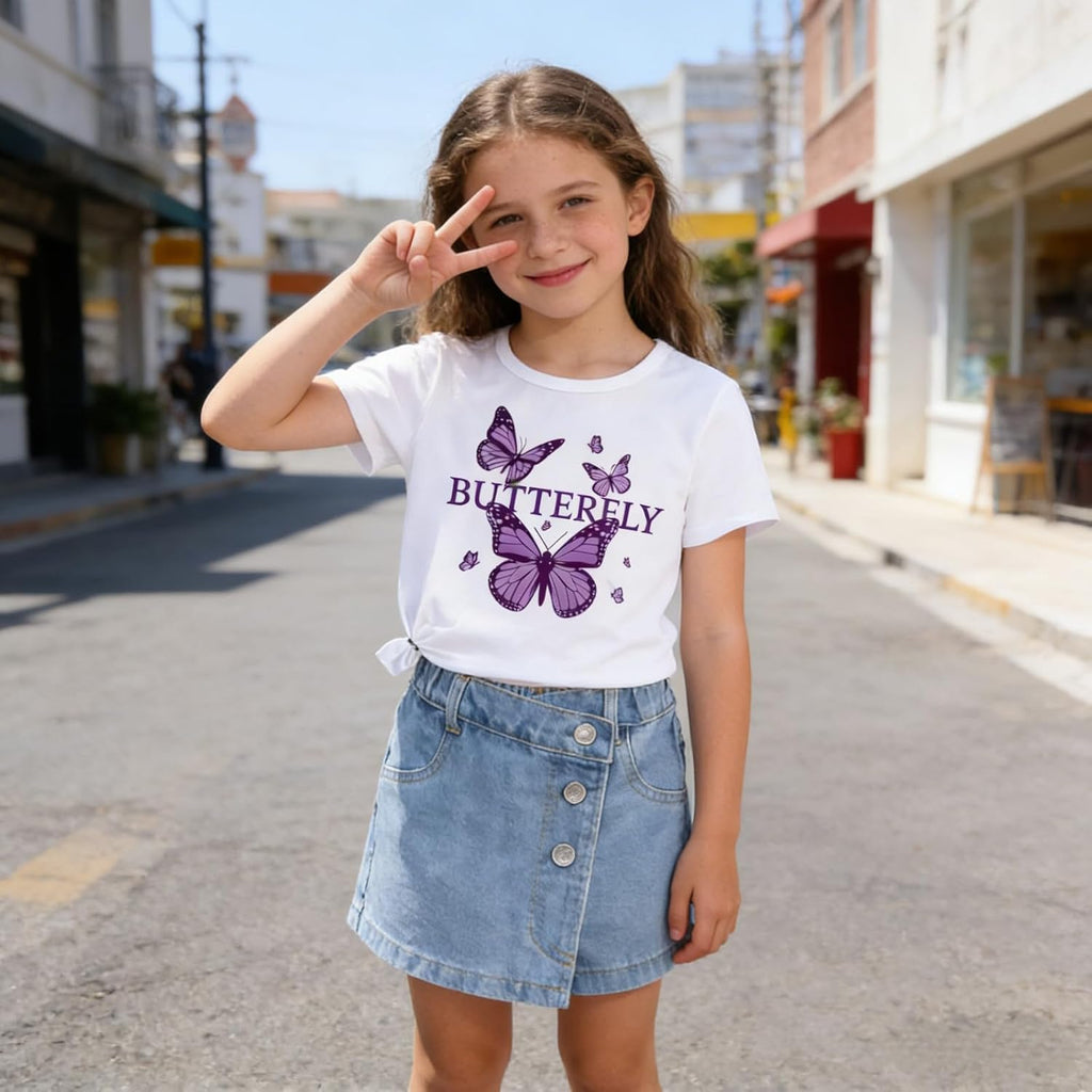 Girls Clothes 2PCS Butterfly Print Short Sleeve T-Shirt Denim Skirt Shorts Set Teen Tween Girls Summer Outfits Set