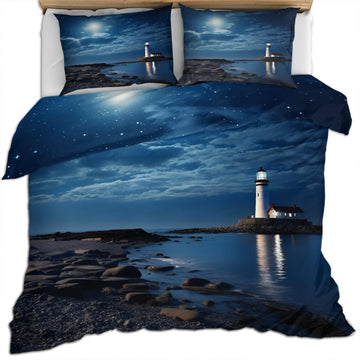Lighthouse Bedding Set, Night View Bedding Rocky Beach Duvet Cover Microfiber Comfy Comter Cover with 2