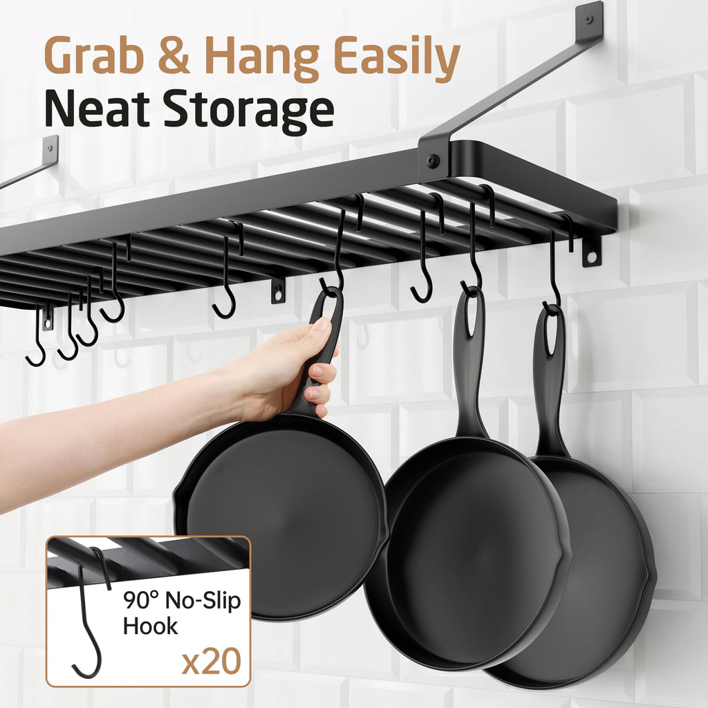 75 lb High-Capacity Pot Rack Wall Mounted with Pot Lid Holder 34 Inch
