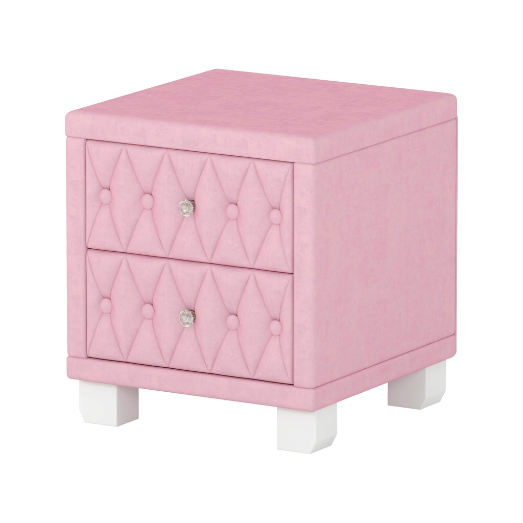 Velvet Nightstand with 2 Storage Drawers and Crystal Handle, Button Tufted End Table, Pink