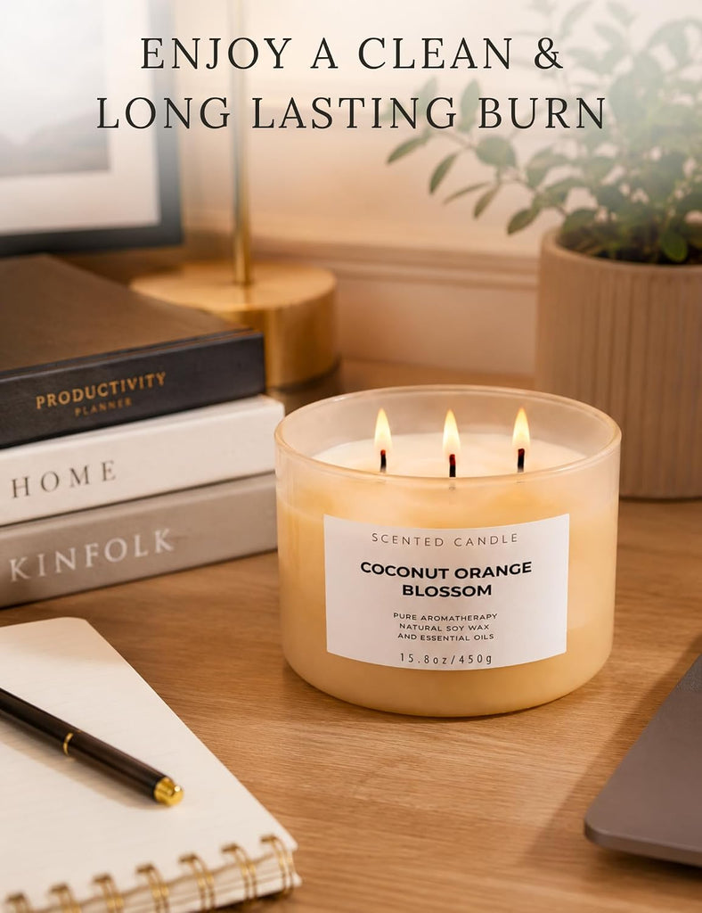 Coconut Orange Blossom Scented Candle, 3-Wick Large Soy Candle 15.8 oz - Set of 158
