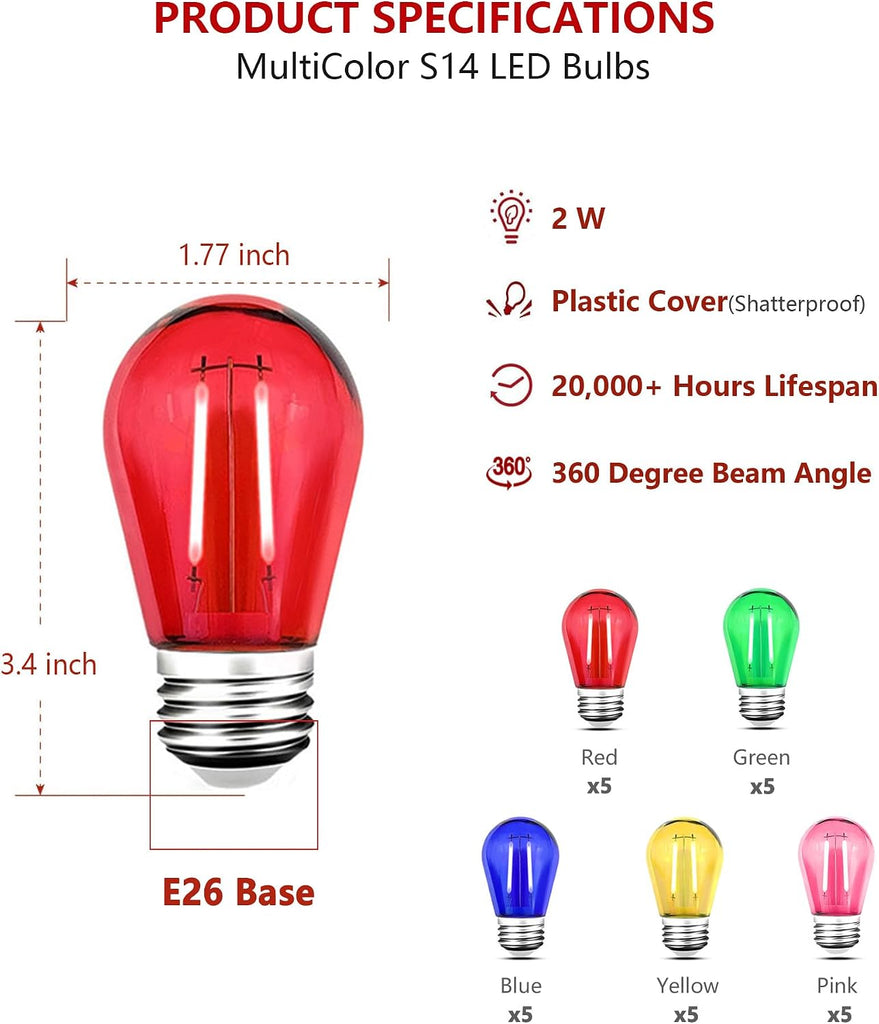 S14 Colored LED Light Bulb 2 Watt, Shatterproof Plastic