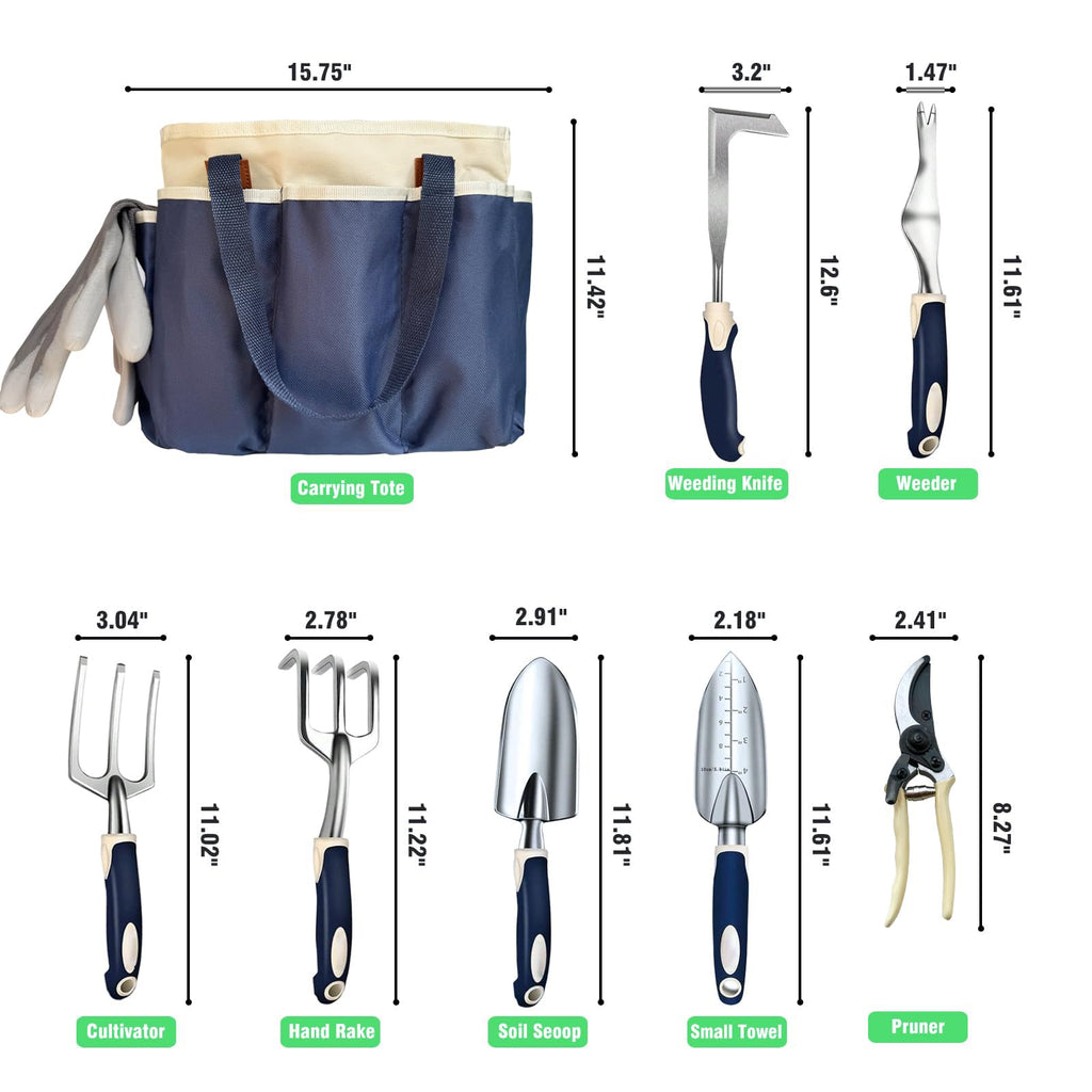 Gardening Tool Set, 10-Piece Heavy-Duty Aluminum Garden Tools with Non-Slip Handles and Large Tool Bag with Storage