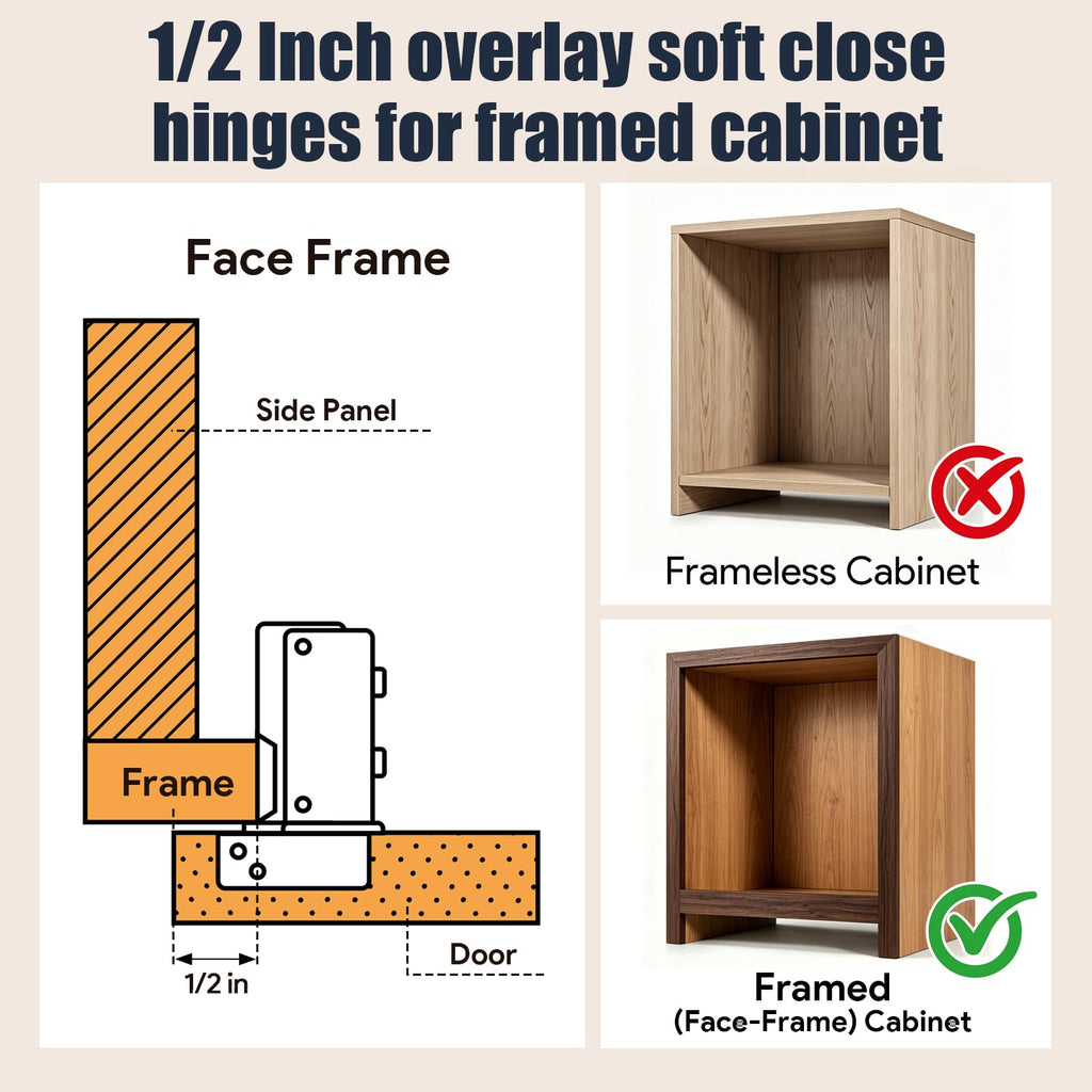40 Pack (20 Pair) Soft Close Cabinet Hinges, 1/2 Overlay Soft Close Hinges Cabinet, Stainless Steel, Built-in Damper