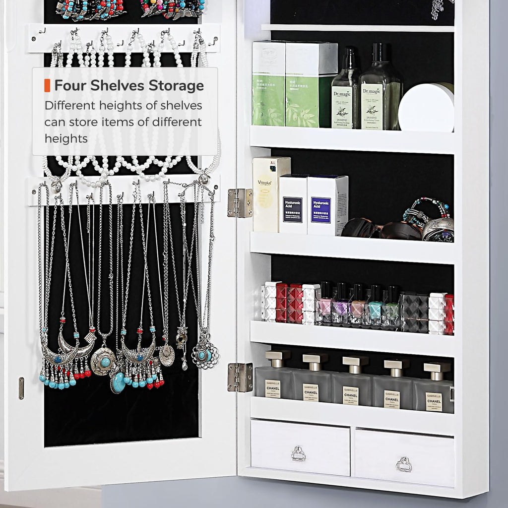 Full Length Mirror Jewelry Cabinet, 6 LEDs Jewelry Armoire Wall Mounted Over The Door Hanging, Jewelry Organizer