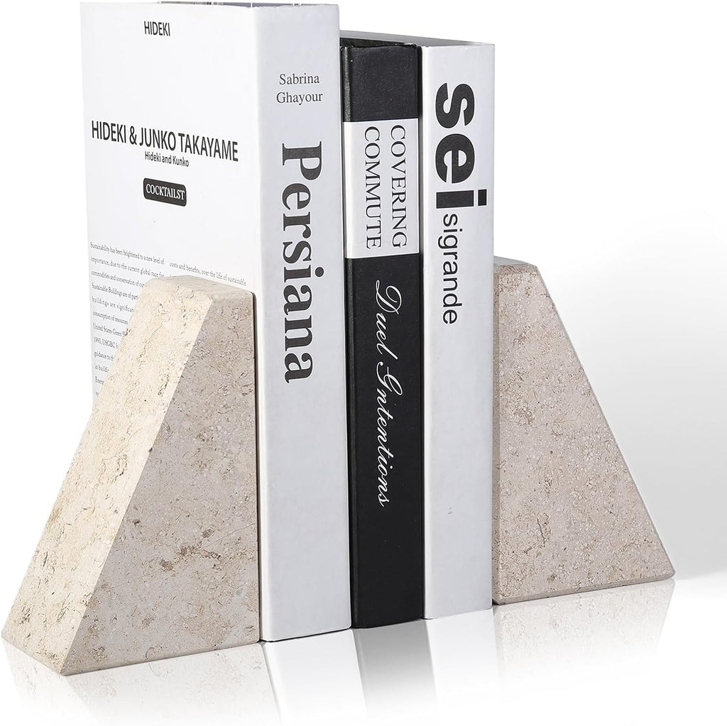 Marble Bookends for Heavy Books, Decorative Book Ends for Shelves, Beige Stone Durable and Heavy-Duty Book Ends for