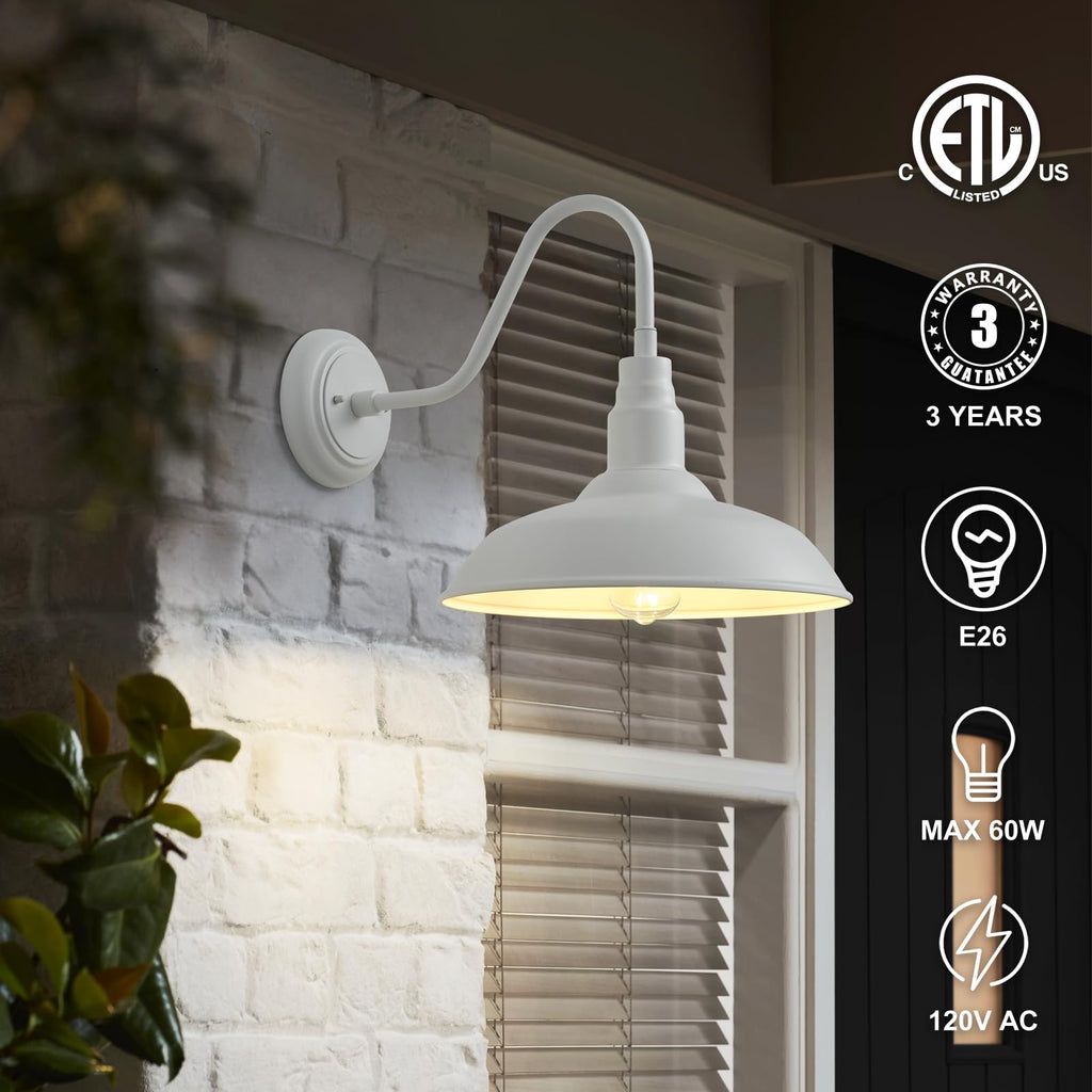 10 Inch Dome Outdoor Gooseneck Barn Lights for Porch, Farmhouse Exterior Light Fixture with Wall Mount, Matte White