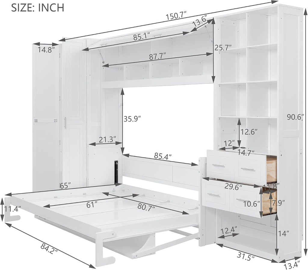 Queen Horizontal Murphy Bed with Desk, Folding Murphy Bed Cabinet with Wardrobe Storage Drawers and Shelves, Hideaway