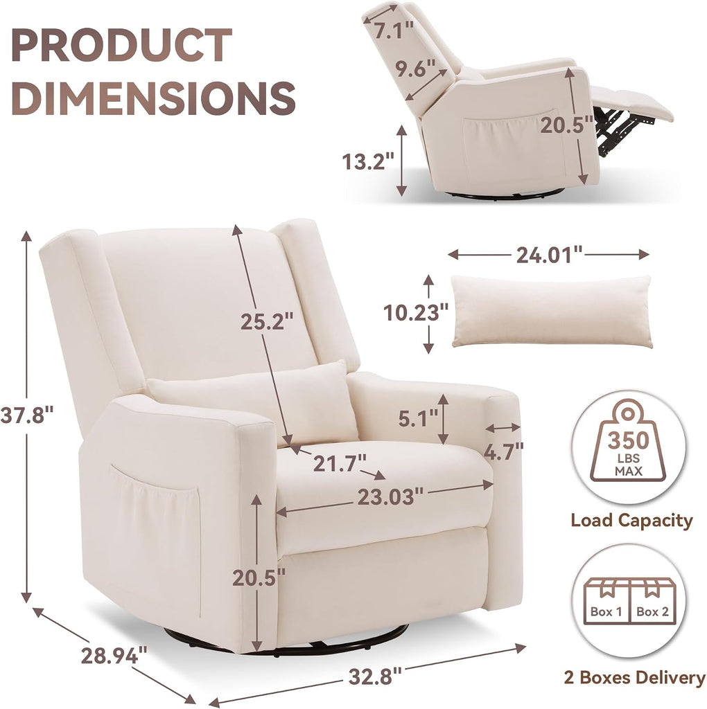 32" Nursery Rocking Chair, 360° Swivel Recliner Chair with Lumbar Support , Comfy Upholstered Armchair with Pillows &