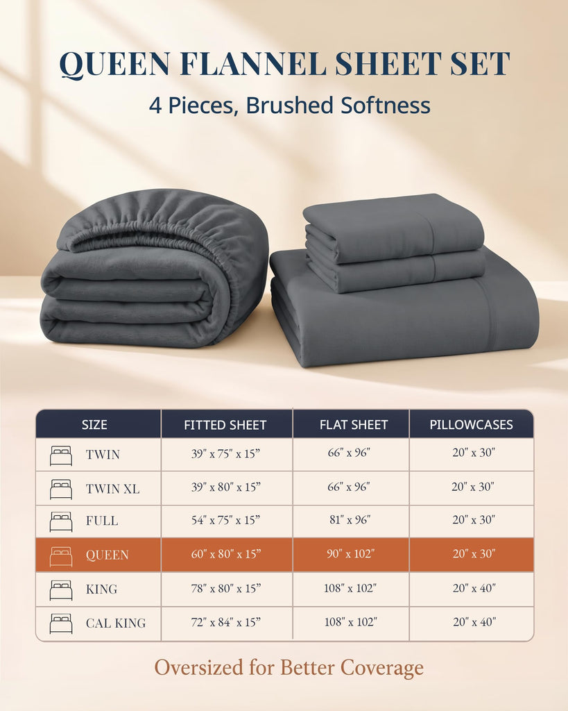 Queen Flannel Bed Sheet Set 100% Cotton - Warmth - Charcoal