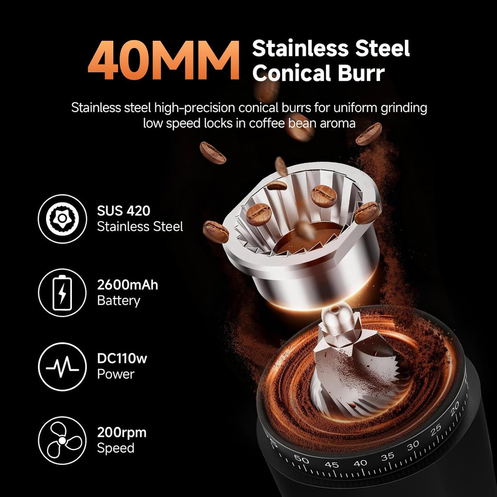 Cordless Burr Coffee Grinder, Rechargeable with 60 Grind Settings & Anti-Static, Digital Timer Touchscreen, Portable