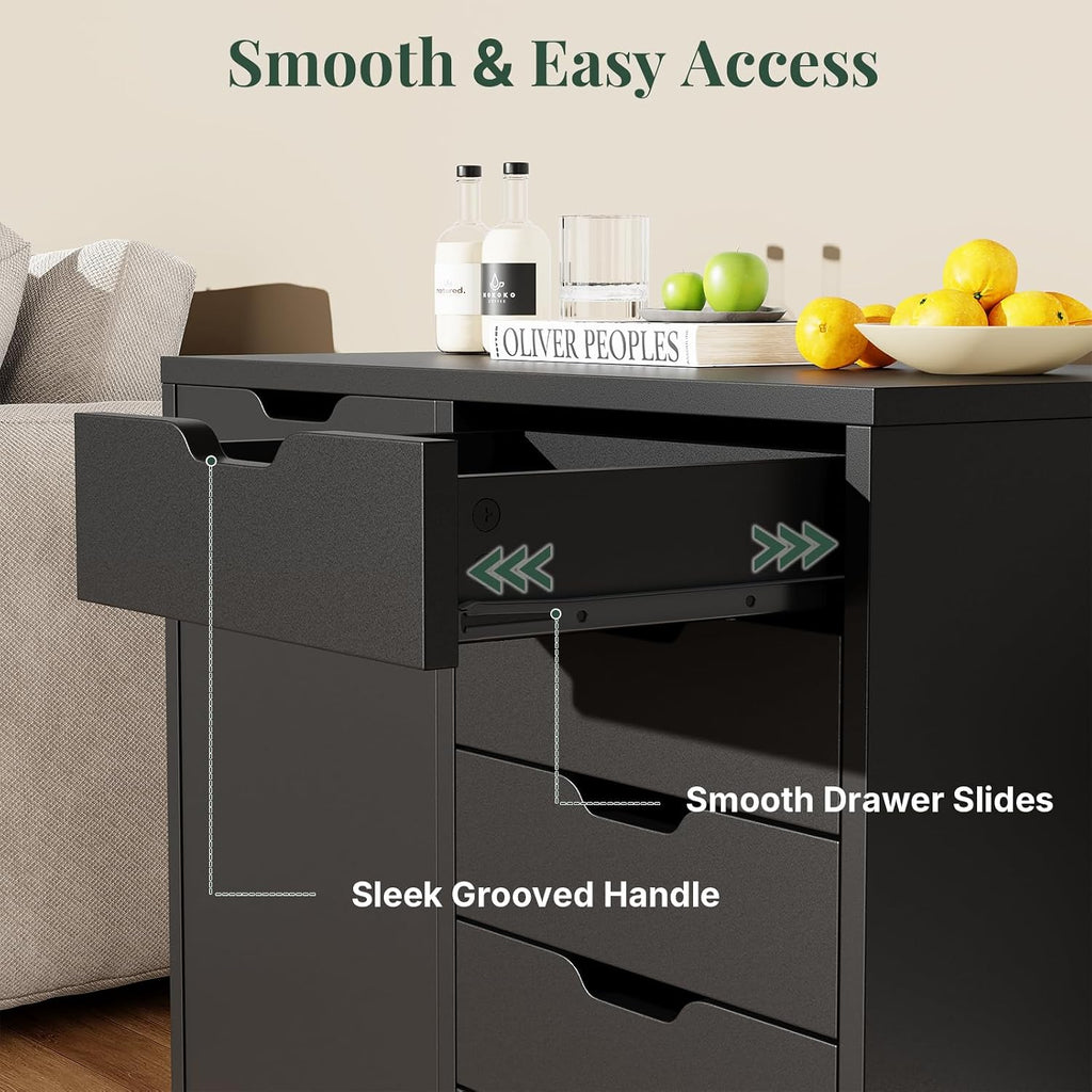 5-Drawer File Cabinet, Printer Stand with Storage, Black | Wood Under Desk with Organizer with Door and Adjustable