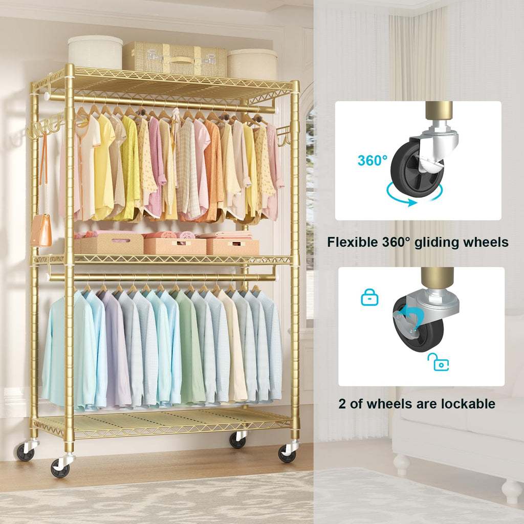 P1 Plus Rolling Clothes Rack, 22mm Diameter Heavy Duty Garment Rack