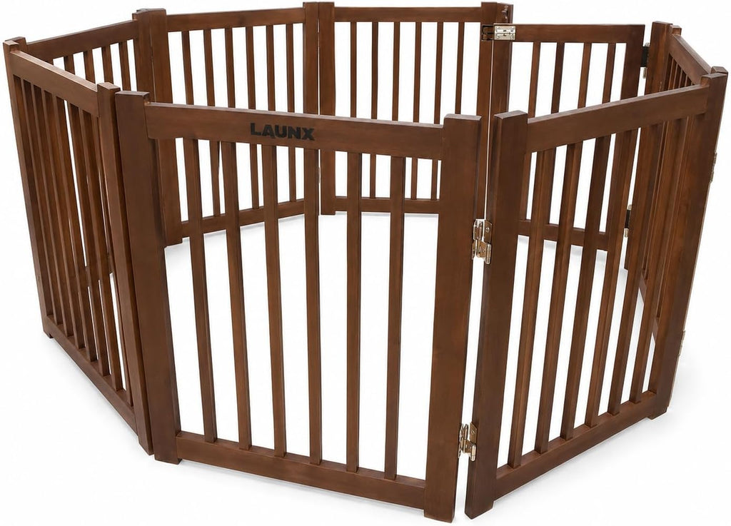 Extra Wide 8-Panel Freestanding Indoor Pet Gate with Door / 142" W, 24" H/Foldable, Solid Acacia Wood, Portable