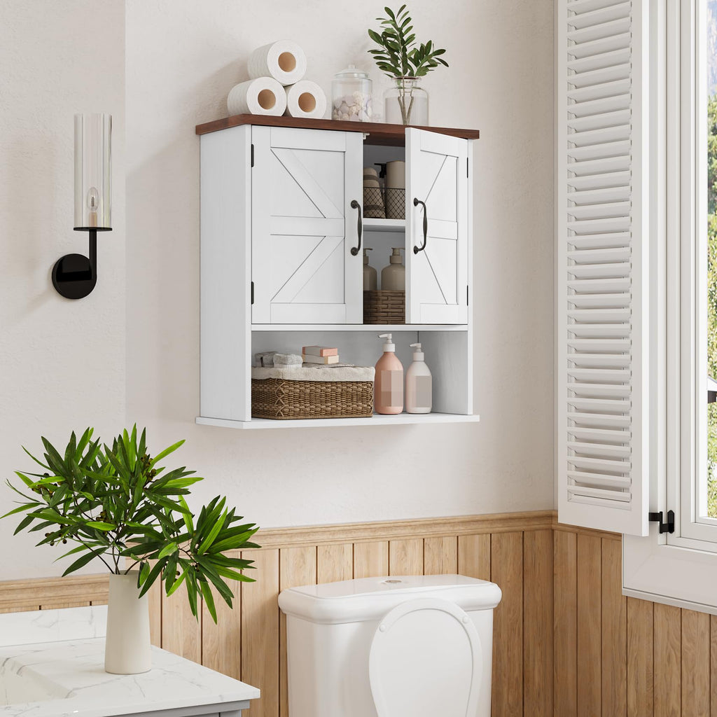 Bathroom Wall Cabinet with Barn Doors, Wall Mounted Bathroom Cabinet, Farmhouse Style, Adjustable Shelf, Wall Mounted