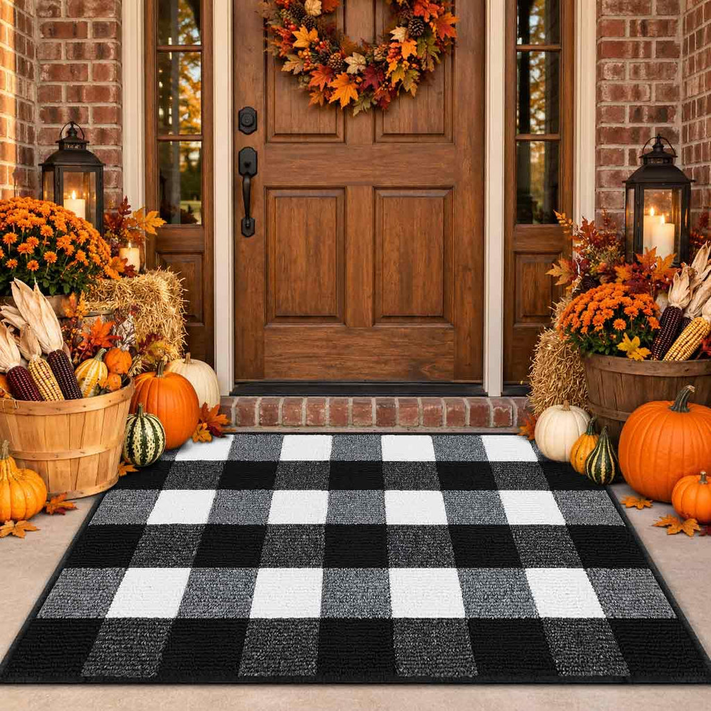 Fall Decor Buffalo Plaid Outdoor Rug 24" x 36", Non-Slip Black and White Checkered Door Mat, Machine Washable